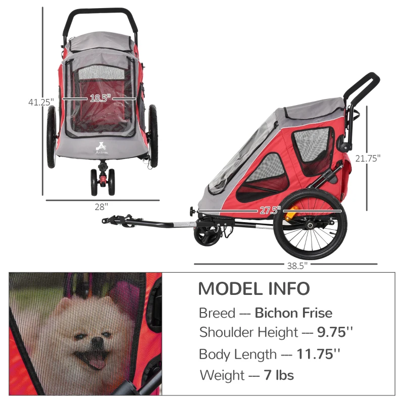 Aosom Dog Bike Trailer 2-In-1 Pet Stroller Cart Bicycle Wagon Cargo Carrier Attachment for Travel with 360 Swivel Wheel Reflectors Parking Brake Straps Cup Holder Red