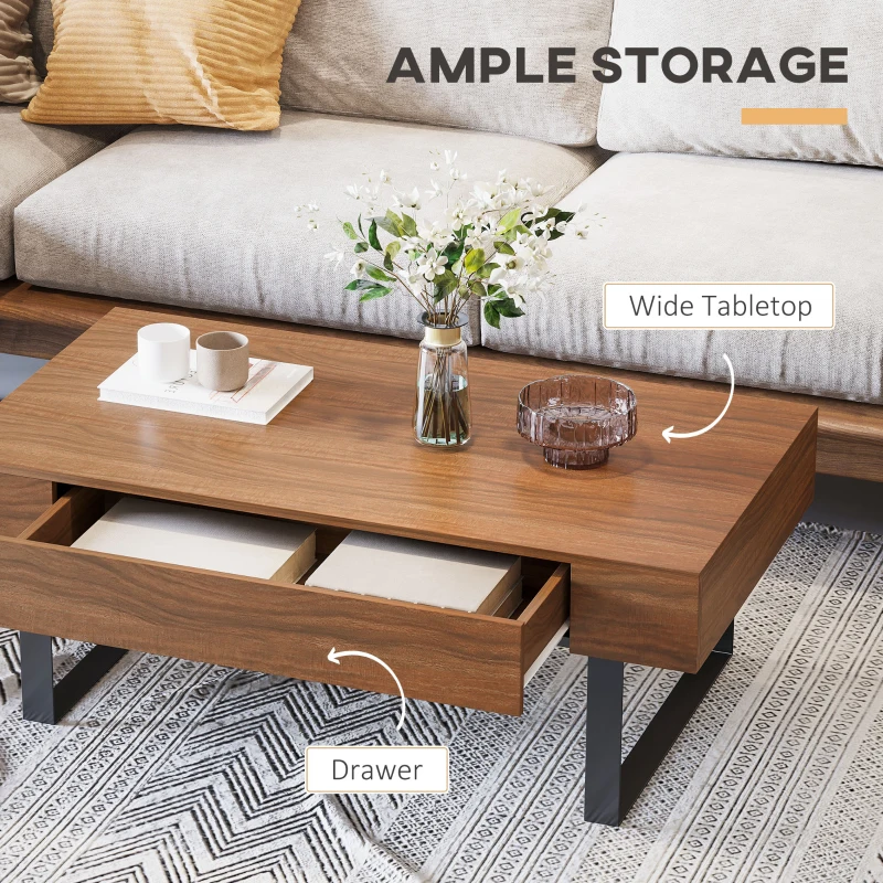 HOMCOM Mid-century Modern Coffee Table with Storage Drawer, Metal Sled Designed Legs and Wood Grain Surface for Living Room, Walnut