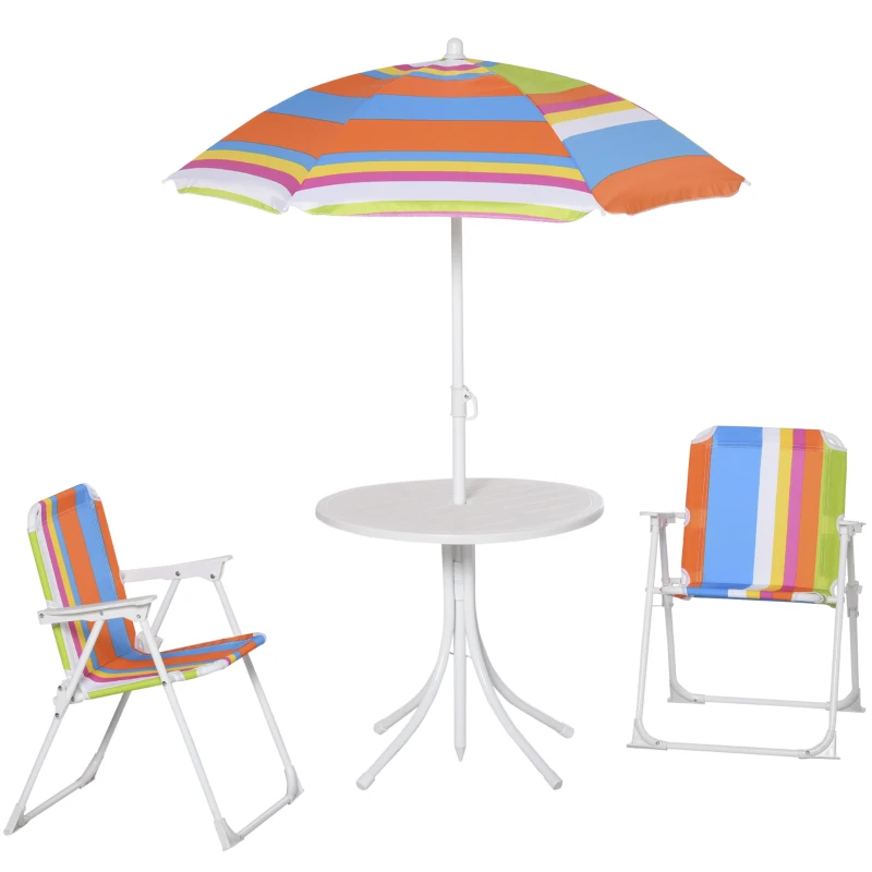 Outsunny Kids Folding Table and Chairs Set Color for Outdoor Garden Patio Backyard with Removable & Height Adjustable Sun Umbrella, Multi