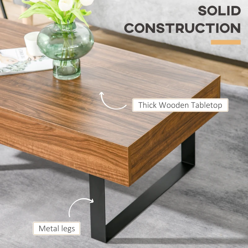 HOMCOM Mid-century Modern Coffee Table with Storage Drawer, Metal Sled Designed Legs and Wood Grain Surface for Living Room, Walnut