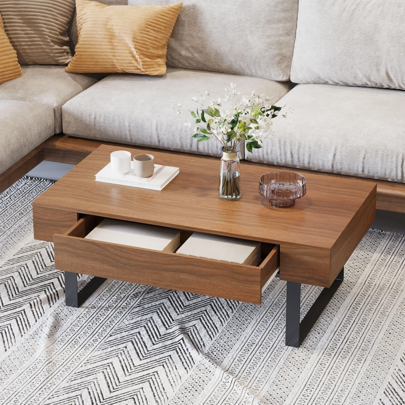 HOMCOM Mid-century Modern Coffee Table with Storage Drawer, Metal Sled Designed Legs and Wood Grain Surface for Living Room, Walnut