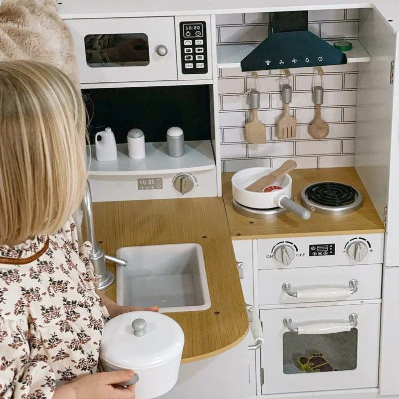 Qaba Large Play Kitchen with Full Set of Appliances for a Modern Day Pretend Kitchen, Tons of Storage, Corner Play Kitchen Set with Sound Effect, Educational Pretend Role Playset Game