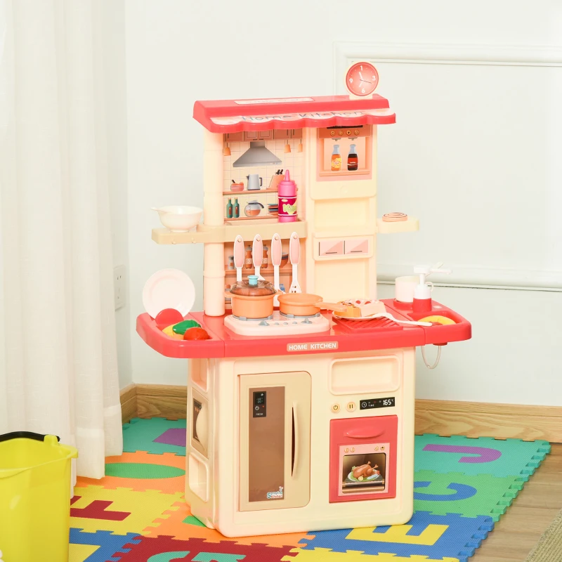 Qaba Kids Kitchen Play Set Role Play Cooking Toy, Educational Pretend Playset Game, w/ Water Circulation Spray Music Sound Light, 360° Rotation Faucet for 3-6 Years Old Beige, Pink