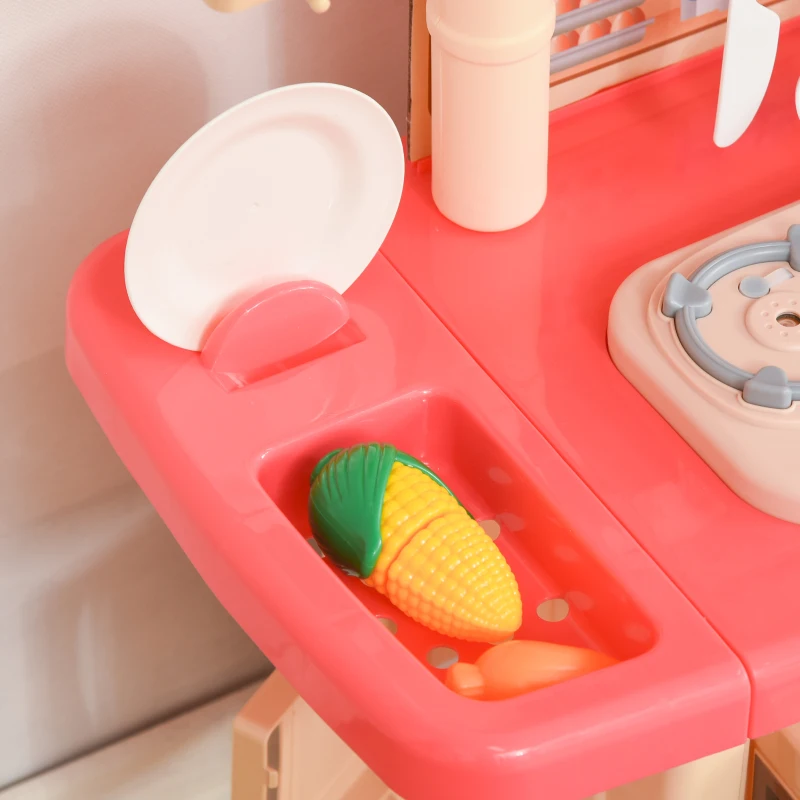 Qaba Kids Kitchen Play Set Role Play Cooking Toy, Educational Pretend Playset Game, w/ Water Circulation Spray Music Sound Light, 360° Rotation Faucet for 3-6 Years Old Beige, Pink