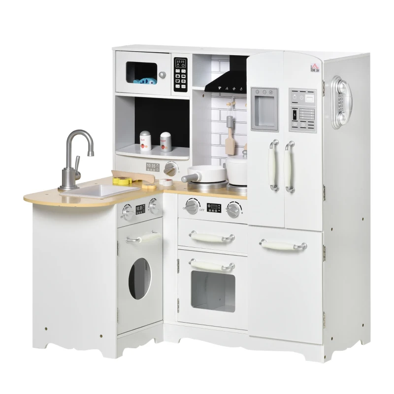 Qaba Large Play Kitchen with Full Set of Appliances for a Modern Day Pretend Kitchen, Tons of Storage, Corner Play Kitchen Set with Sound Effect, Educational Pretend Role Playset Game