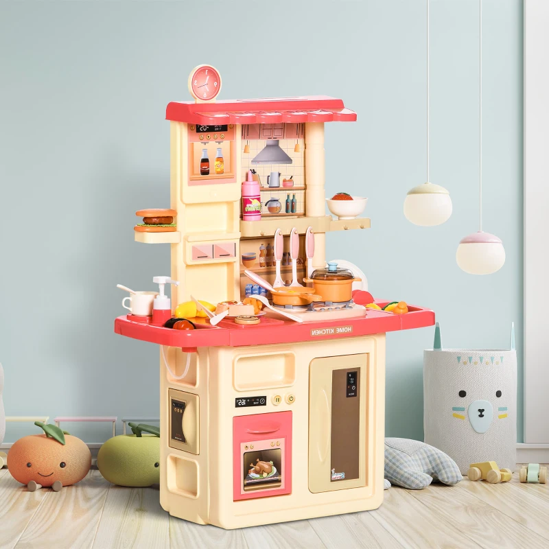 Qaba Kids Kitchen Play Set Role Play Cooking Toy, Educational Pretend Playset Game, w/ Water Circulation Spray Music Sound Light, 360° Rotation Faucet for 3-6 Years Old Beige, Pink