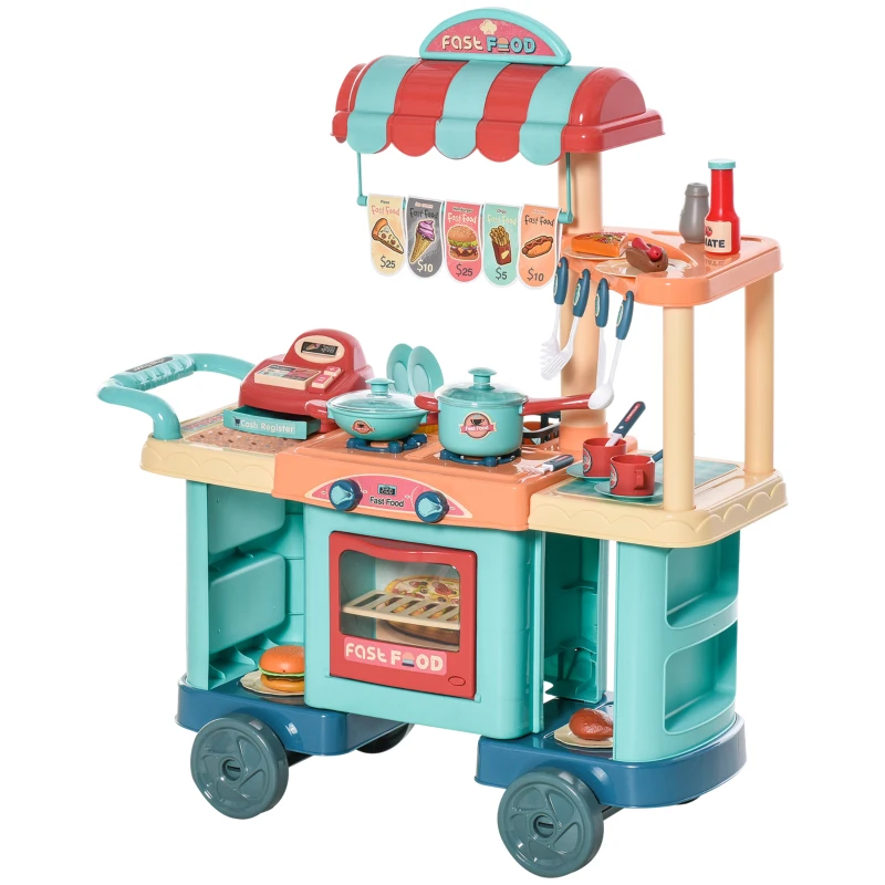 Qaba Kids Kitchen Food Stand with Play Food, Cashier Register, Accessories Ages 3-6