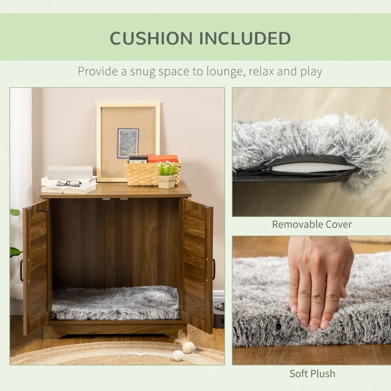 PawHut 3-in-1 Cat Litter Box Furniture Hidden, Cat Cabinet Bed, End Table with Rattan, Kitty Bed with Plush Foam Cushion, Modern Cat Bedding House with End Table Use, Walnut