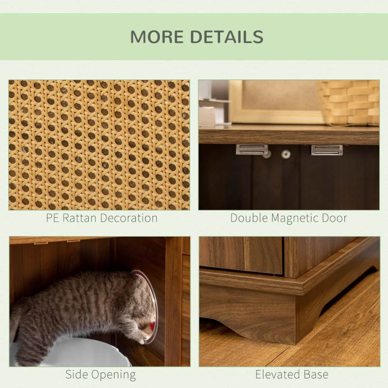 PawHut 3-in-1 Cat Litter Box Furniture Hidden, Cat Cabinet Bed, End Table with Rattan, Kitty Bed with Plush Foam Cushion, Modern Cat Bedding House with End Table Use, Walnut