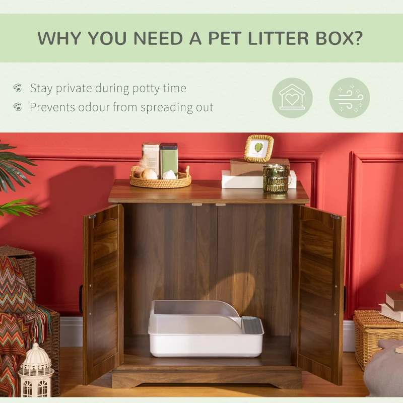 PawHut 3-in-1 Cat Litter Box Furniture Hidden, Cat Cabinet Bed, End Table with Rattan, Kitty Bed with Plush Foam Cushion, Modern Cat Bedding House with End Table Use, Walnut