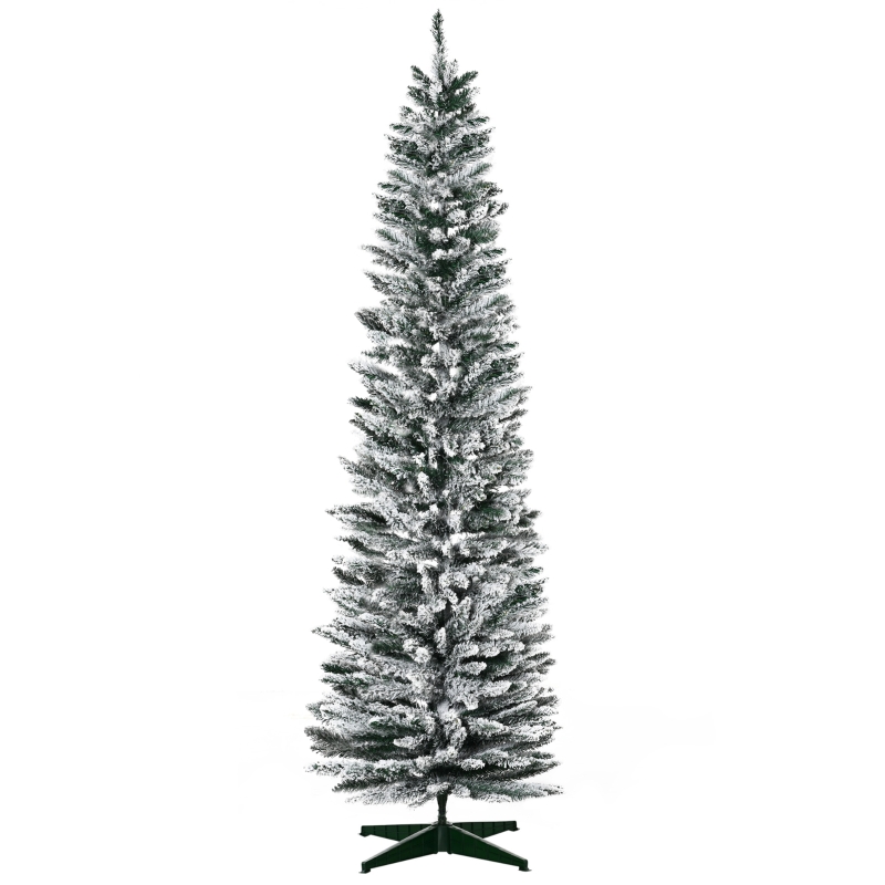 HOMCOM 7ft Snow Flocked Artificial Pencil Christmas Tree, Slim Xmas Tree with Realistic Branches and Metal Stand for Indoor Decoration, Green