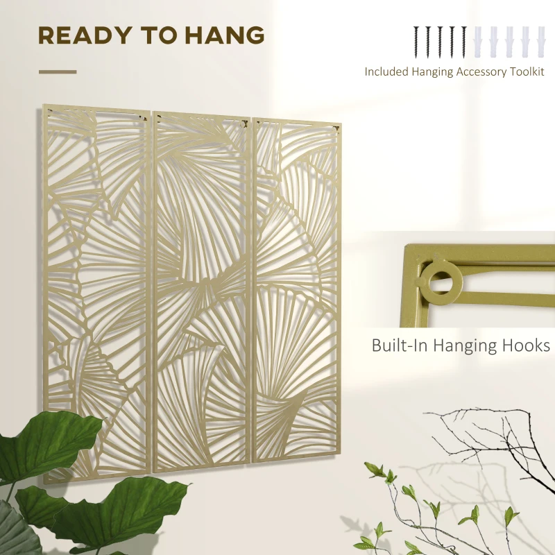 HOMCOM Metal Wall Art Abstract Line Ginkgo Leaves Set of 3 Hanging Wall Sculpture Home Decor for Living Room Bedroom Kitchen 12"x36"x3, Gold
