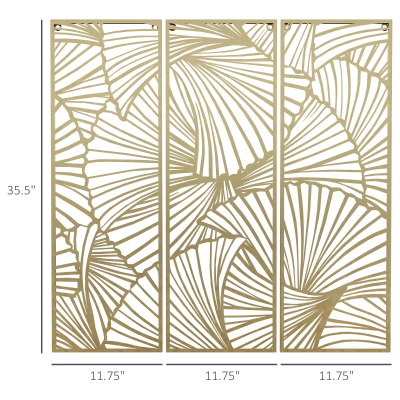 HOMCOM Metal Wall Art Abstract Line Ginkgo Leaves Set of 3 Hanging Wall Sculpture Home Decor for Living Room Bedroom Kitchen 12"x36"x3, Gold