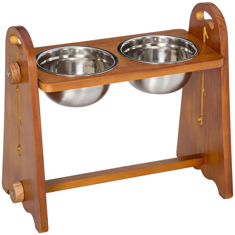 PawHut Elevated Dog Bowls Adjustable Pet Feeder Raised Dog Bowl with 2 Removable Stainless Steel Bowls for S, M, L, XL  Dogs, Brown