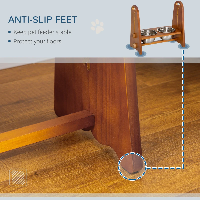 PawHut Elevated Dog Bowls Adjustable Pet Feeder Raised Dog Bowl with 2 Removable Stainless Steel Bowls for S, M, L, XL  Dogs, Brown