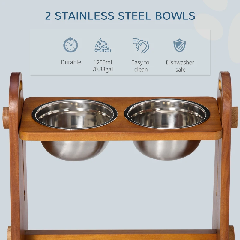 PawHut Elevated Dog Bowls Adjustable Pet Feeder Raised Dog Bowl with 2 Removable Stainless Steel Bowls for S, M, L, XL  Dogs, Brown