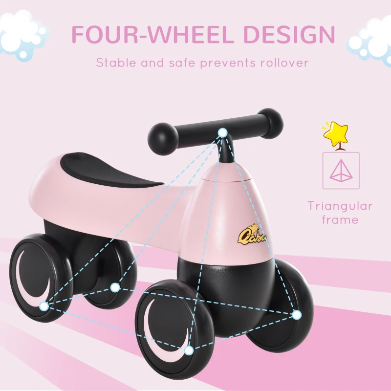 Qaba Baby Balance Bike for 18-36 Months, Toddler No Pedal Ride-on Walking Bike with 4 Wheels Gifts for Boys Girls, Pink