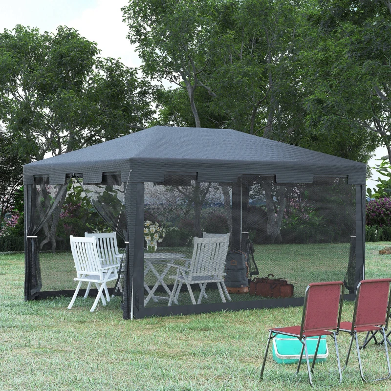 Outsunny 10x13ft Gazebo Party Tent Outdoor Canopy Garden Sun Shade w/Mesh Sidewalls, Dark Grey