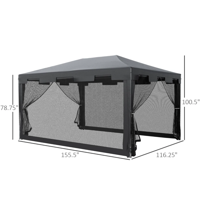 Outsunny 10x13ft Gazebo Party Tent Outdoor Canopy Garden Sun Shade w/Mesh Sidewalls, Dark Grey