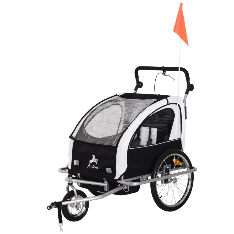 Aosom 2-in-1 Double Child Baby Bike Trailer and Stroller - Black & White