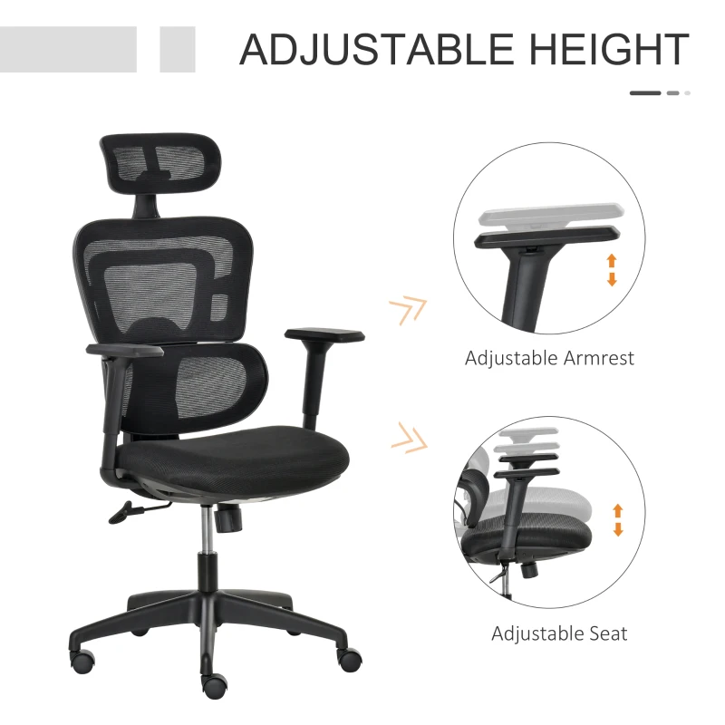 Vinsetto 300 lbs Mesh Office Chair, Ergonomic High Back Swivel Desk Chair with Adjustable Height, Armrest, Lumbar Support and Headrest, Black