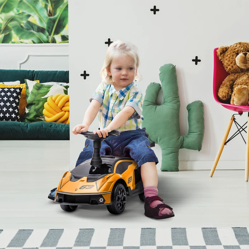 Aosom Ride on Push Car, Ride Racer, Foot-to-Floor Walking Sliding Car for Toddler with Under Seat Storage, Horn and Engine Sound, Steering Wheel, Aged 18-36 Months, Orange
