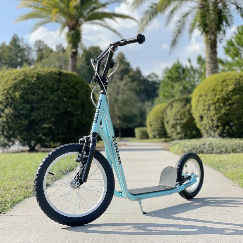 Aosom Teens Youth Scooter Ride On Toy with Adjustable Handlebar, Dual Brakes, and Inflatable Wheels For Kids 5+, Blue