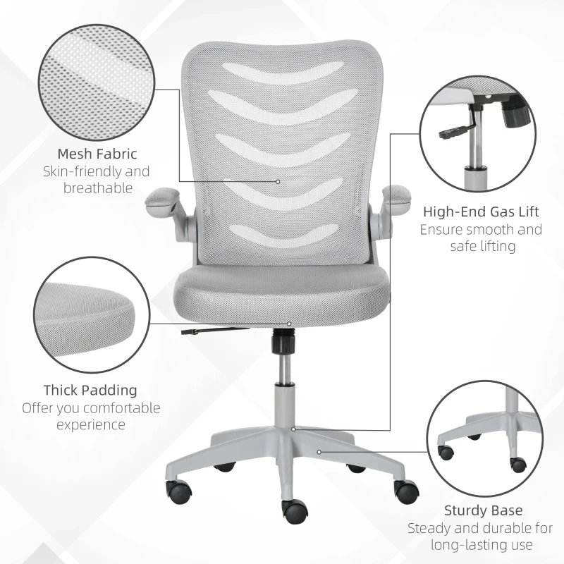 Vinsetto Mesh Office Chair Mid Back Task Desk Chair with Lumbar Back Support, Flip-Up Arm, Adjustable Height, Grey