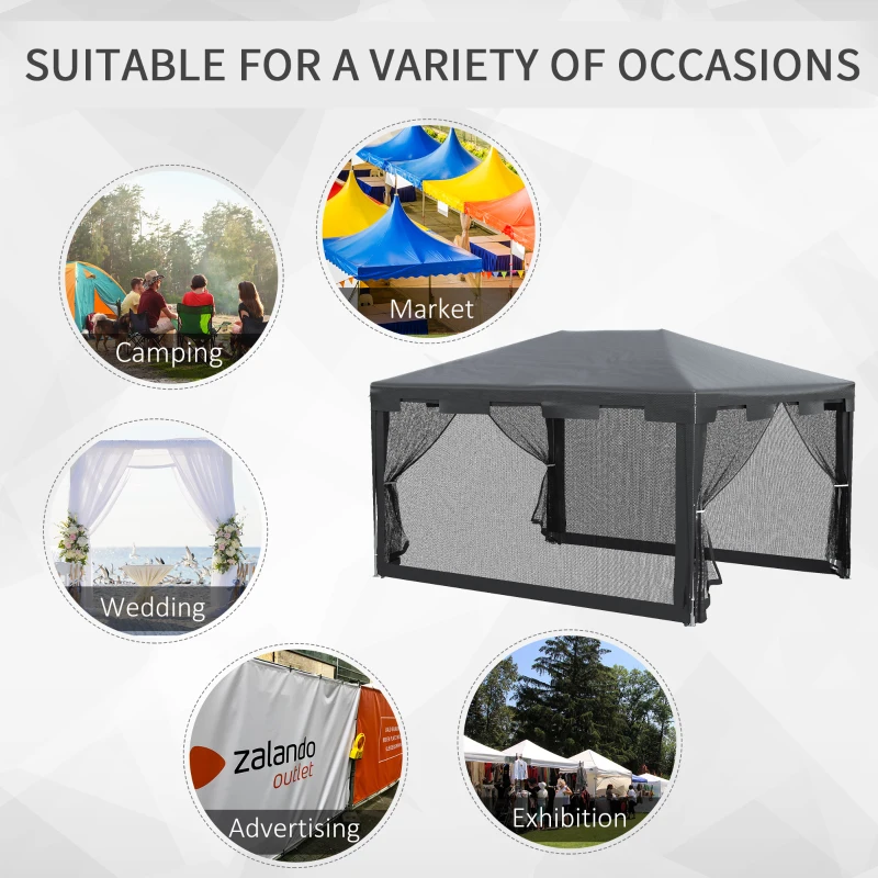 Outsunny 10x13ft Gazebo Party Tent Outdoor Canopy Garden Sun Shade w/Mesh Sidewalls, Dark Grey