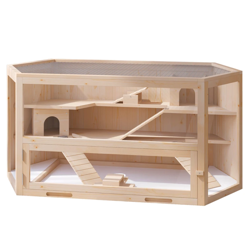 PawHut Fir Wood Large Hamster Cage Mouse Rats Small Animal Exercise Play House 3 Tier with Tray Seesaws Activity Center