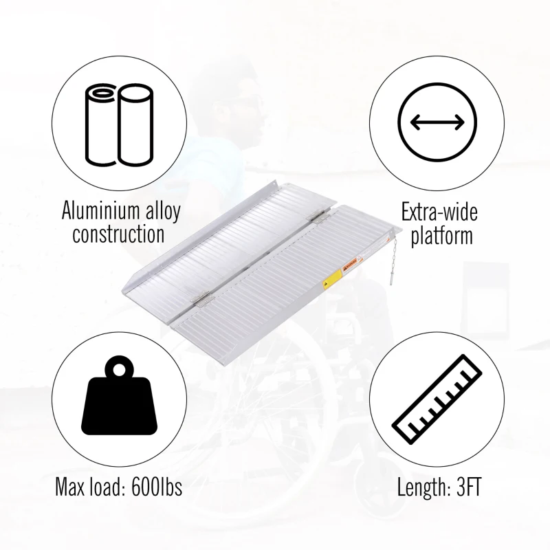 HOMCOM 3' Foldable Handicap Ramp for Home, Steps, Doorways, Aluminum Portable Wheelchair Ramp, Textured Threshold Ramp, Silver
