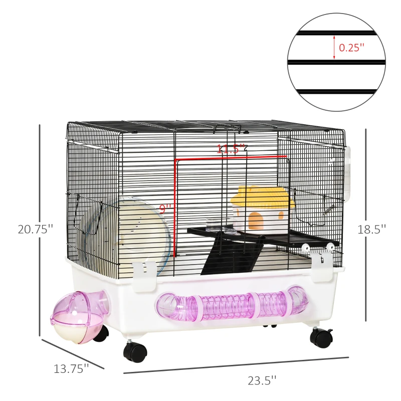 PawHut Hamster Cage, Gerbil Haven, Multi-storey Rodent House, Small Animal Habitats, Large Hide-out, w/ Water Bottle, Tubes, Excise Wheel, Food Dish, Ramp, Shower Room, White
