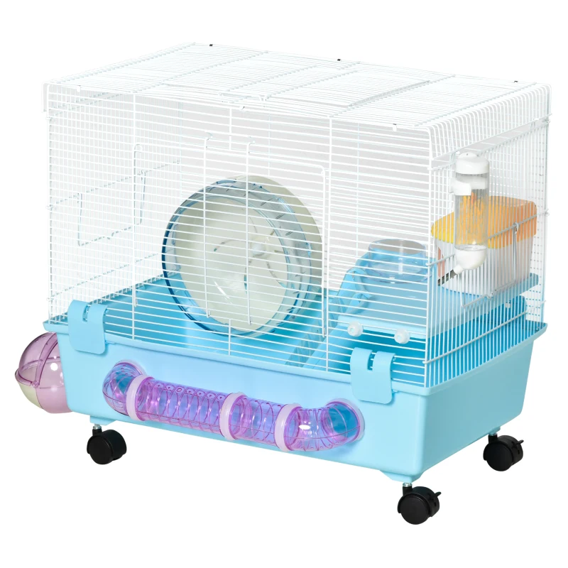 PawHut Hamster Cage, Gerbil Haven, Multi-storey Rodent House, Small Animal Habitats, Large Hide-out, w/ Water Bottle, Tubes, Exercise Wheel, Food Dish, Ramp, Shower Room, Light Blue