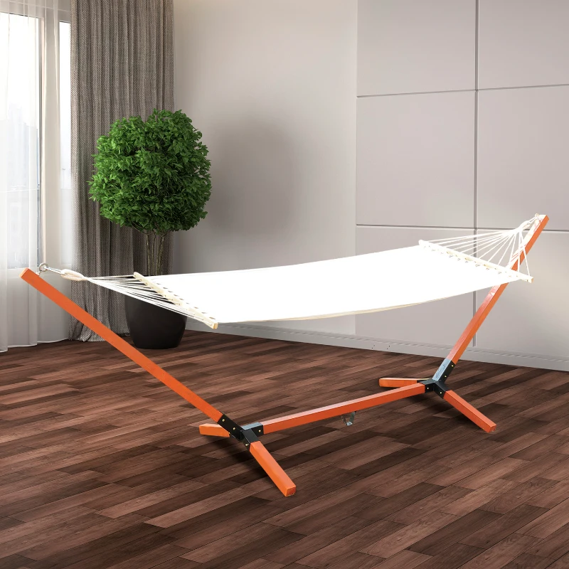 Outsunny 130" x 47" Hammock with Stand, Outdoor Hammock Camping Bed, Freestanding Lounge Chair with Wooden Frame Cotton Fabric for Outdoor Indoor, White, Teak