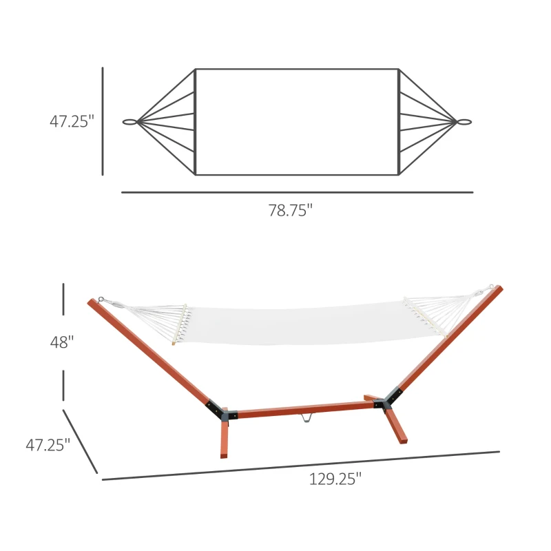 Outsunny 130" x 47" Hammock with Stand, Outdoor Hammock Camping Bed, Freestanding Lounge Chair with Wooden Frame Cotton Fabric for Outdoor Indoor, White, Teak