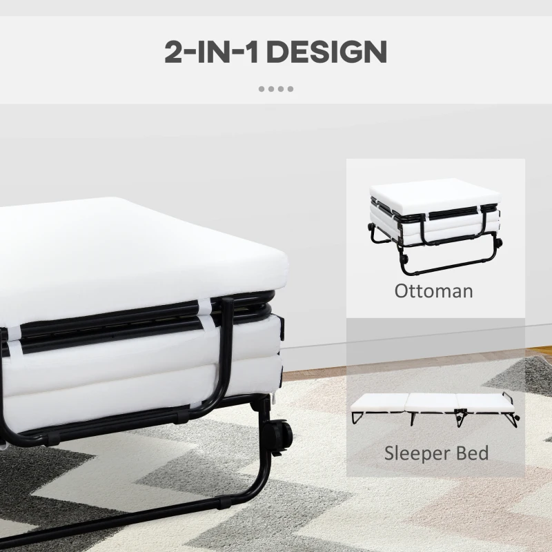 HOMCOM Portable Folding Bed, Single Guest Bed Convertible Sleeper Ottoman with Wheels, Mattress for Bedroom & Office, White