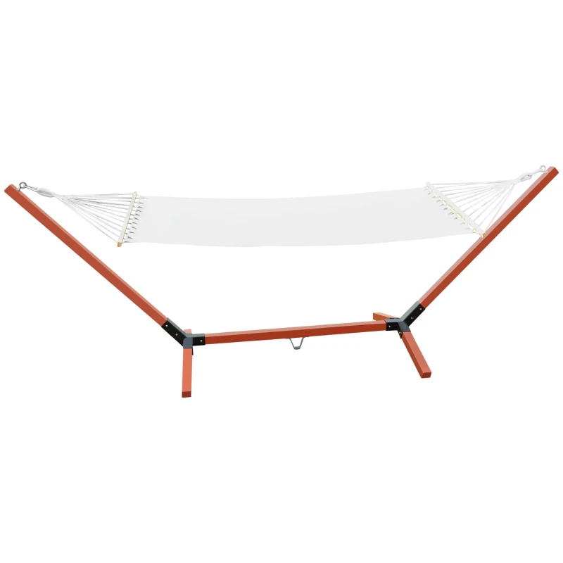 Outsunny 130" x 47" Hammock with Stand, Outdoor Hammock Camping Bed, Freestanding Lounge Chair with Wooden Frame Cotton Fabric for Outdoor Indoor, White, Teak