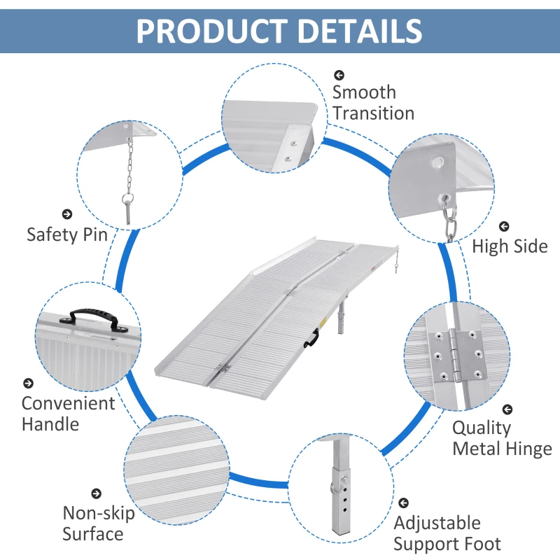 HOMCOM 8' Foldable Handicap Ramp for Home, Steps, Doorways, Aluminum Portable Wheelchair Ramp, Textured Threshold Ramp, Silver