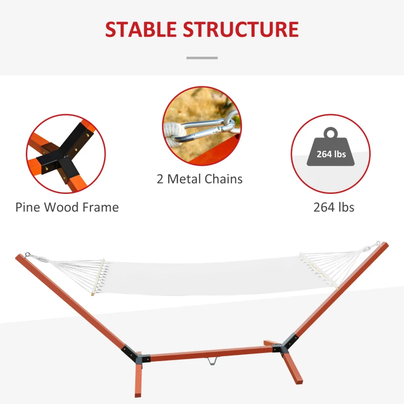 Outsunny 130" x 47" Hammock with Stand, Outdoor Hammock Camping Bed, Freestanding Lounge Chair with Wooden Frame Cotton Fabric for Outdoor Indoor, White, Teak
