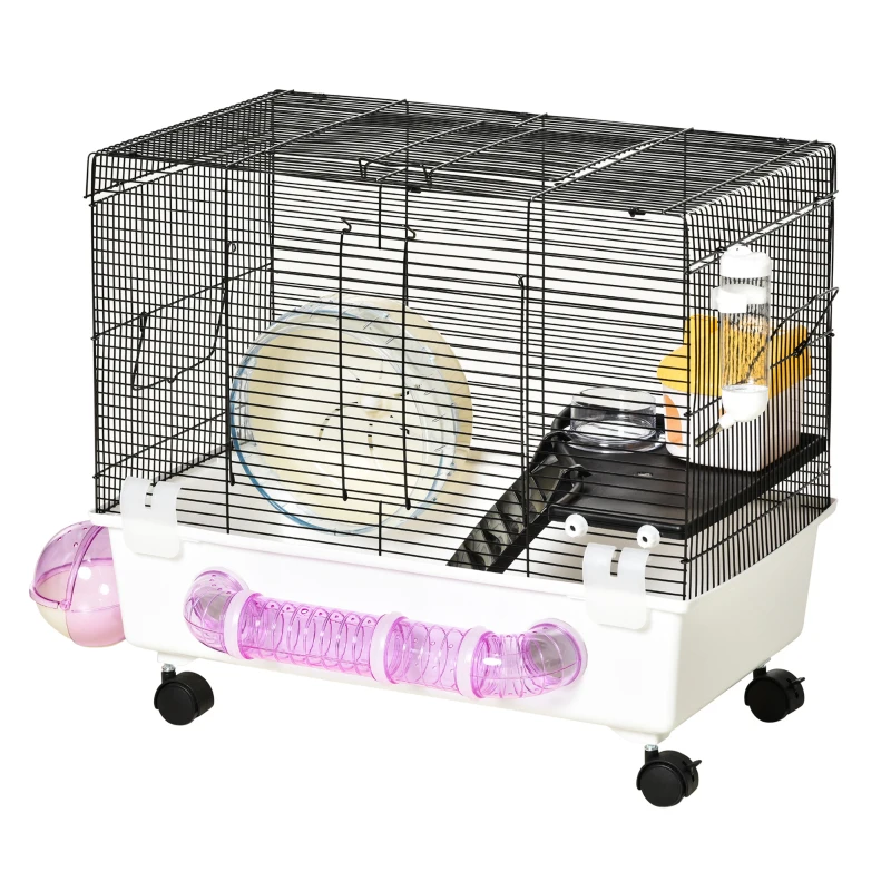 PawHut Hamster Cage, Gerbil Haven, Multi-storey Rodent House, Small Animal Habitats, Large Hide-out, w/ Water Bottle, Tubes, Excise Wheel, Food Dish, Ramp, Shower Room, White