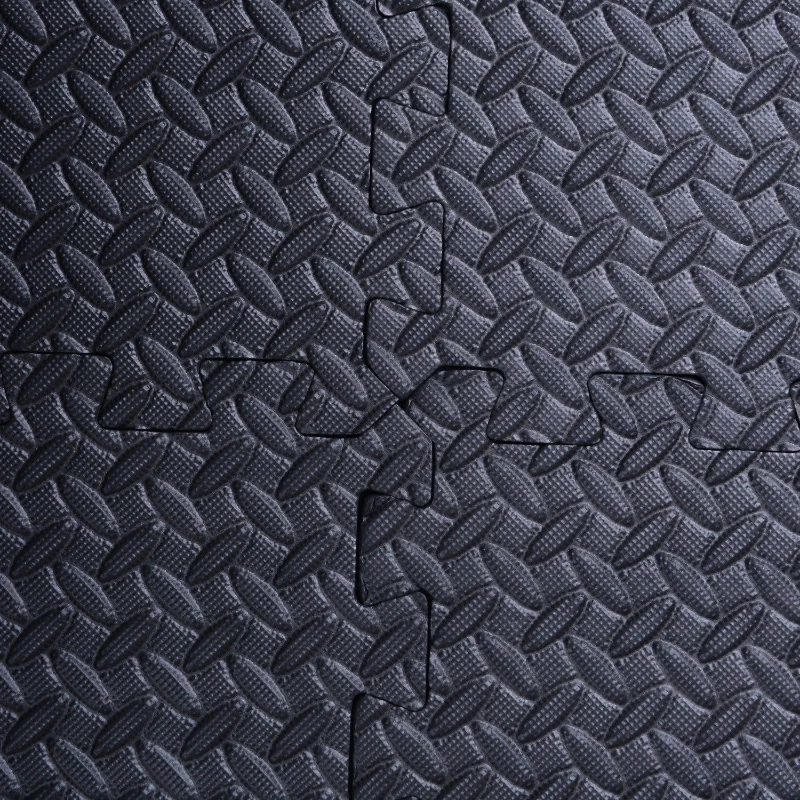 Soozier Interlocking Exercise Foam Mat, 3/8" Thick EVA Tiles with Leaves Pattern & Black Diamond Plate, 23.5" x 23.5"/209 sq ft