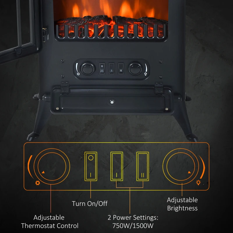 HOMCOM 16" 1500W Compact Freestanding Electric Wood Stove Fireplace Heater With Realistic Flames - Black