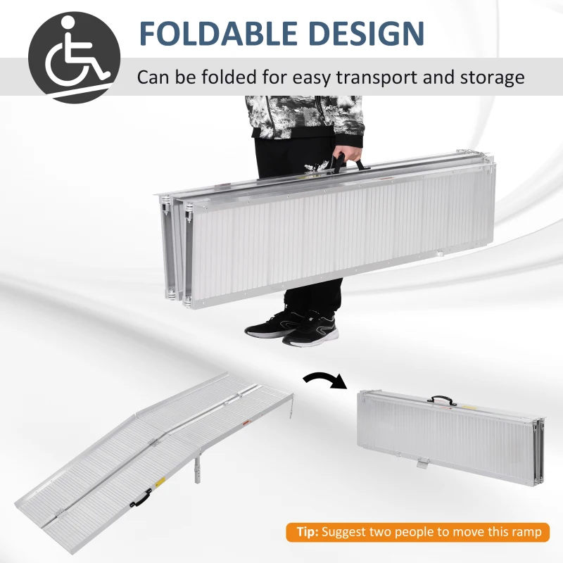 HOMCOM 8' Foldable Handicap Ramp for Home, Steps, Doorways, Aluminum Portable Wheelchair Ramp, Textured Threshold Ramp, Silver
