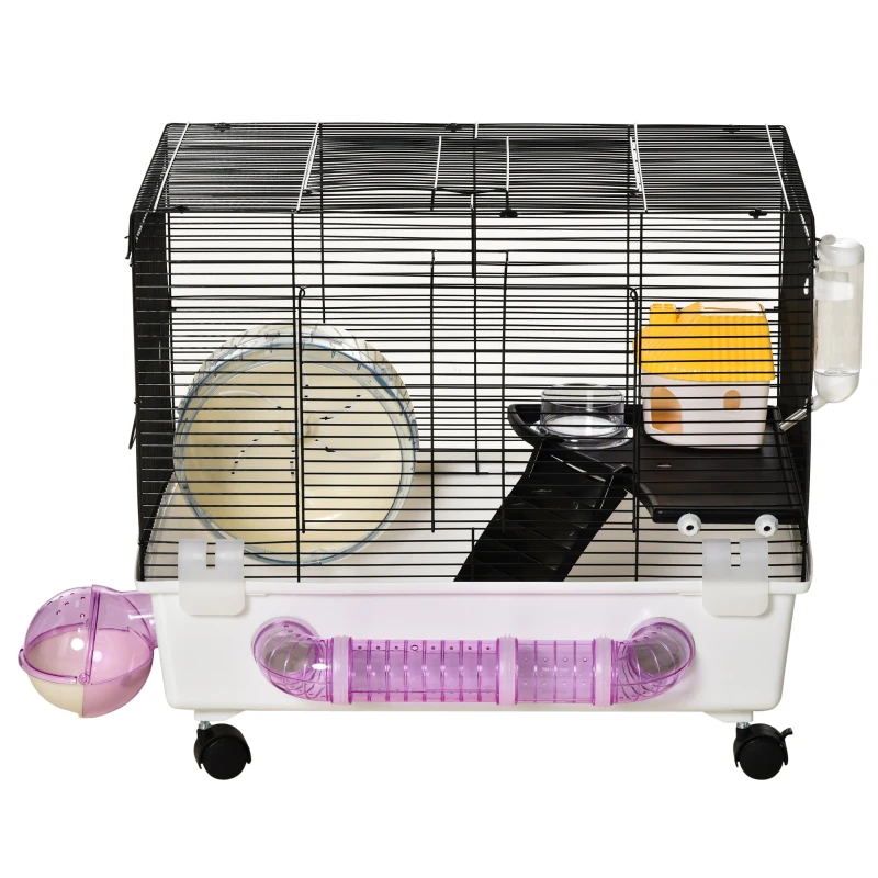 PawHut Hamster Cage, Gerbil Haven, Multi-storey Rodent House, Small Animal Habitats, Large Hide-out, w/ Water Bottle, Tubes, Excise Wheel, Food Dish, Ramp, Shower Room, White