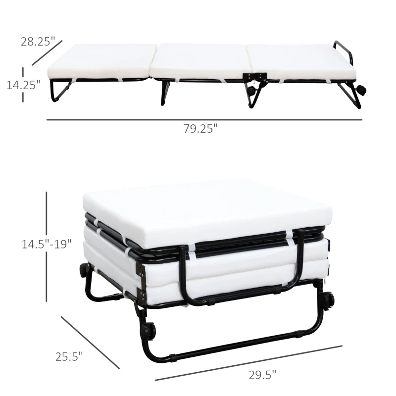 HOMCOM Portable Folding Bed, Single Guest Bed Convertible Sleeper Ottoman with Wheels, Mattress for Bedroom & Office, White