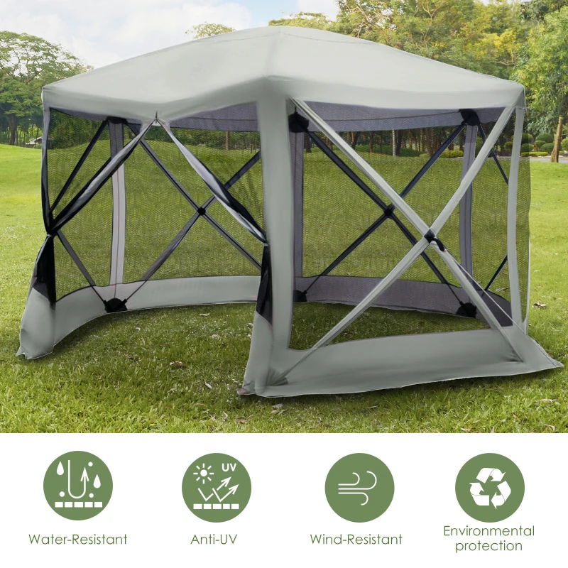 Outsunny 6-Sided Hexagon Pop Up Party Tent Gazebo with Mesh Netting Walls & Shaded Interior, 12' x 12', Beige