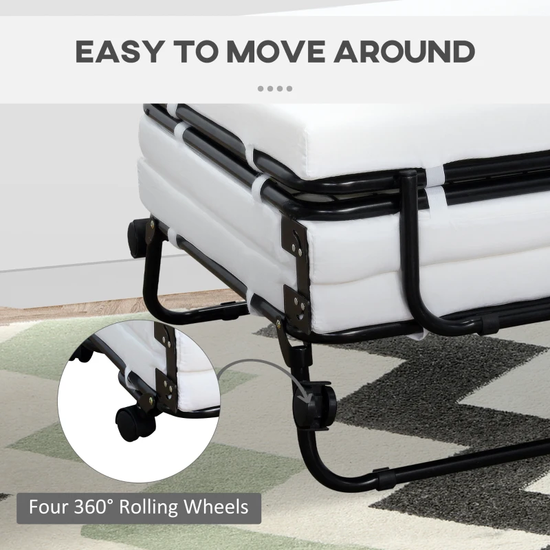 HOMCOM Portable Folding Bed, Single Guest Bed Convertible Sleeper Ottoman with Wheels, Mattress for Bedroom & Office, White