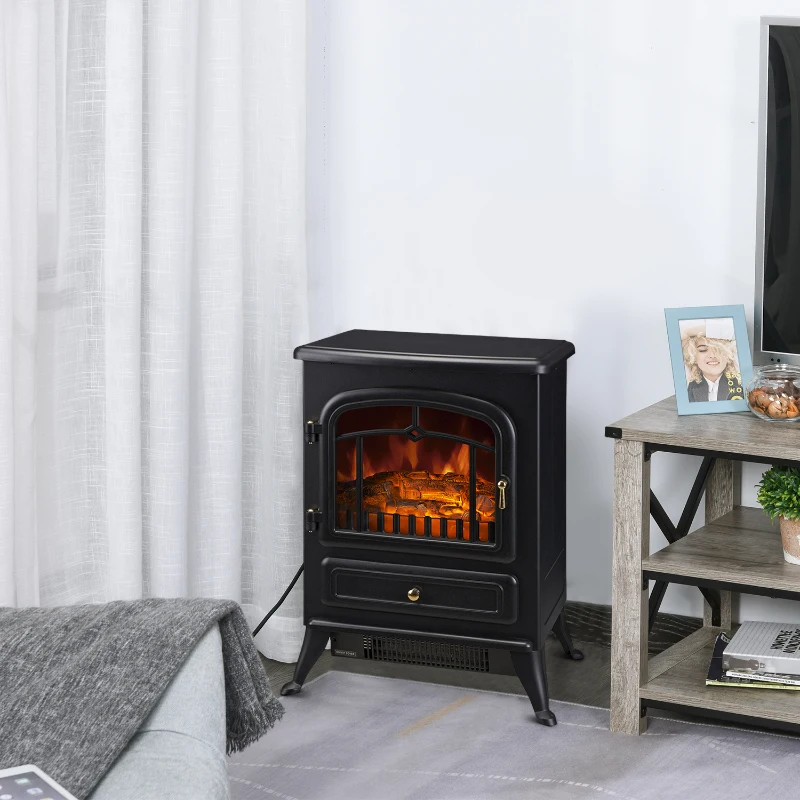 HOMCOM 16" 1500W Compact Freestanding Electric Wood Stove Fireplace Heater With Realistic Flames - Black