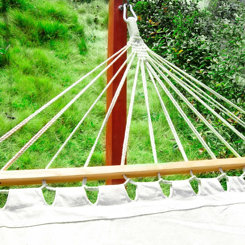 Outsunny 130" x 47" Hammock with Stand, Outdoor Hammock Camping Bed, Freestanding Lounge Chair with Wooden Frame Cotton Fabric for Outdoor Indoor, White, Teak