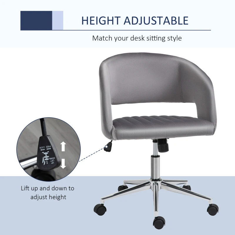 Vinsetto Office Chair Upholstered Open Back Velvet Fabric Swivel Computer Desk Chair with Arms and Adjustable Height, Grey